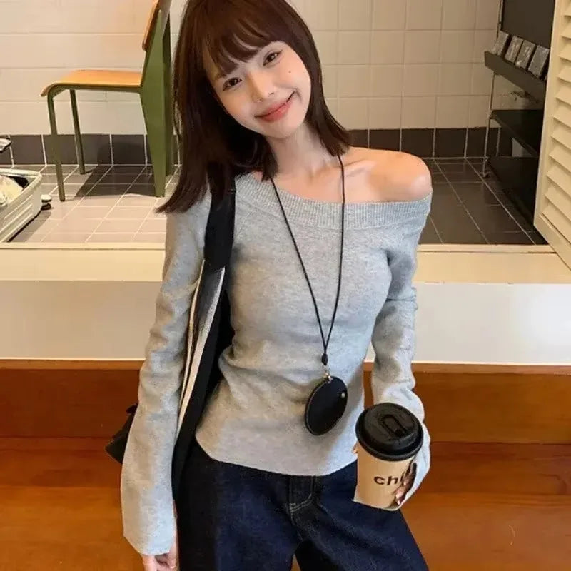 Sexy Pullovers Women Off Shoulder Cropped Knitted Basic Clothes Autumn All-match Side Slit Simple Tender Slim Gentle Seductive - Smarsty