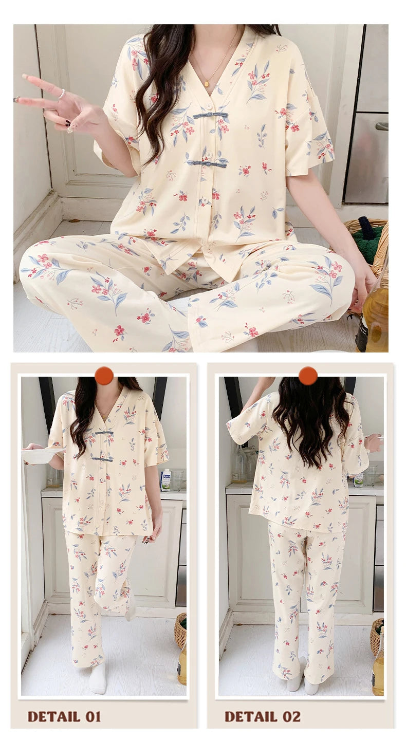 Pigma For Women Cotton Pajama Sleepwear Big Size Pajamas Nightwear Summer Women's Short Sleeved Long Pants Cardigan Pajama Set - Smarsty