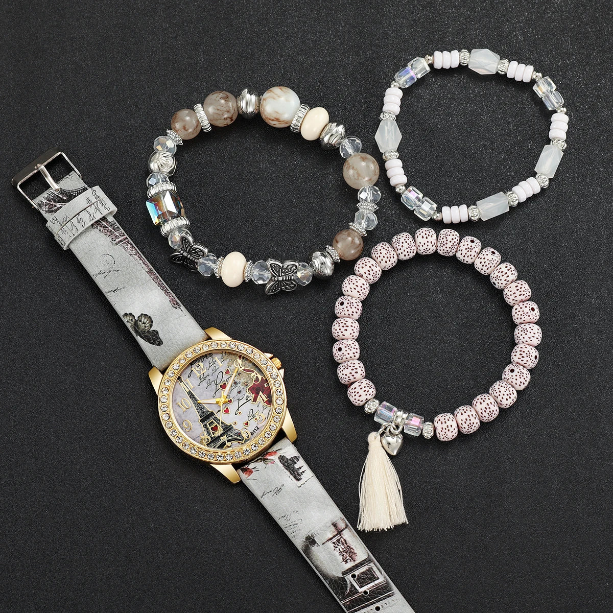 Fashion Rhinestone Women's Quartz Watch Set with Floral Design - Smarsty