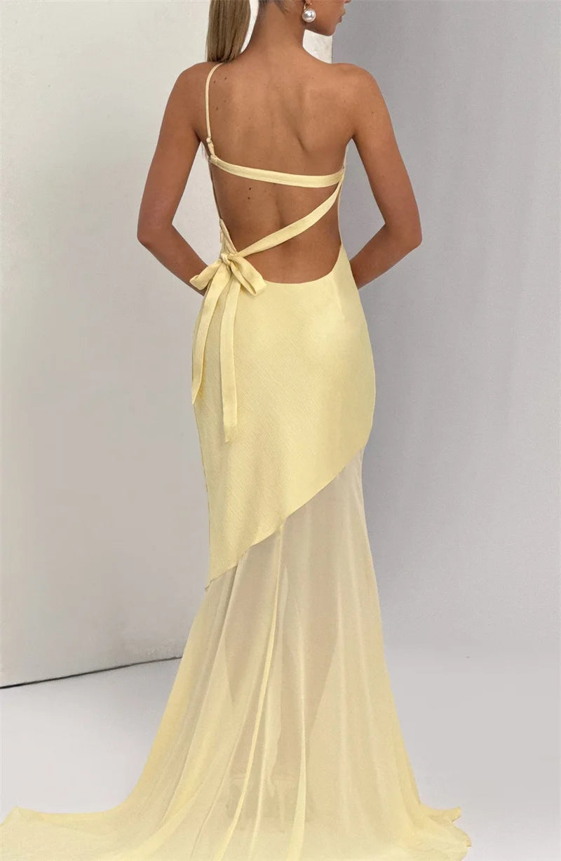Mozision One Shoulder Backless Sexy Maxi Dress Women Gown Fashion Patchwork Sleeveless Bodycon Club Party Long Dress Elegant - Smarsty