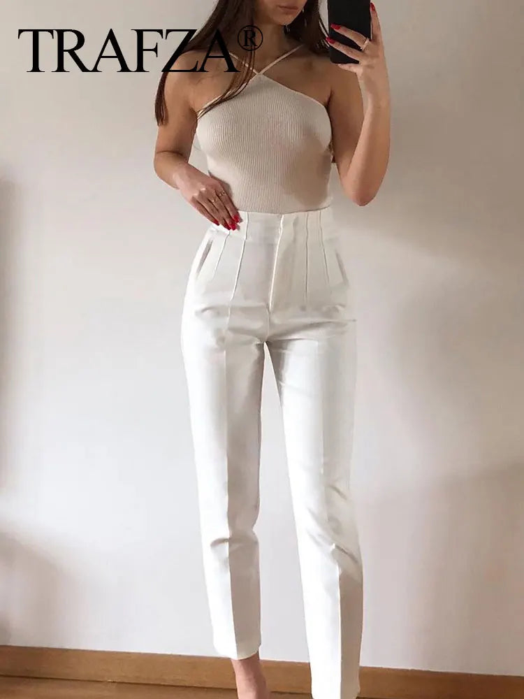 TRAFZA Women Elegant Solid Pencil Pants High Waist Pant For Women Casual Streetwear Woman Trousers Office Wear Chic Pant - Smarsty