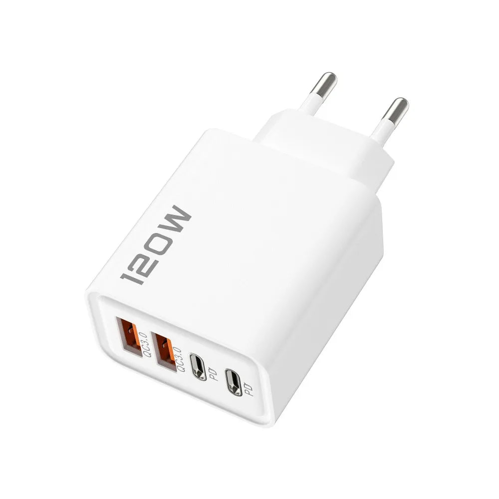 Quick Charge 3.0 Fast Charger Muti Total 120W 4 Port USB Type C PD Mobile Phone Wall Adapter for iPhone 16 Samsung S24 Xiaomi 15 - Smarsty