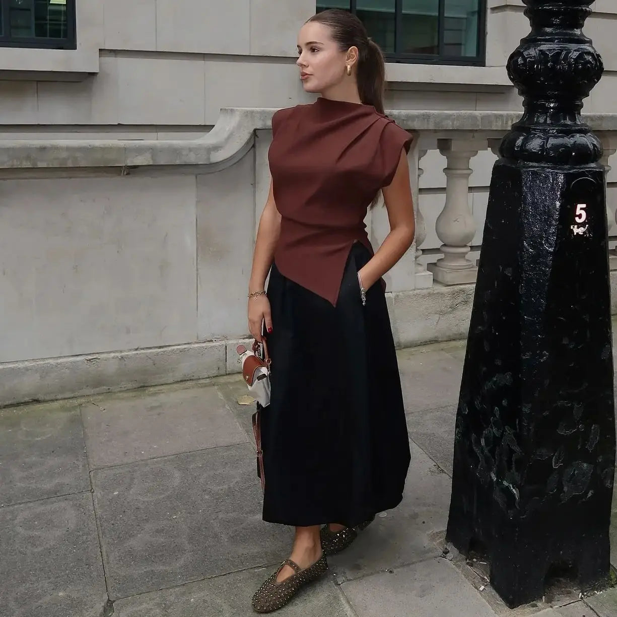 2025 Summer Asymmetric Tank Women Wine Red/Brown/Black Ruched Sleeve Office&Party Tops Breathable Stretchy Slim Fit Streetwear - Smarsty