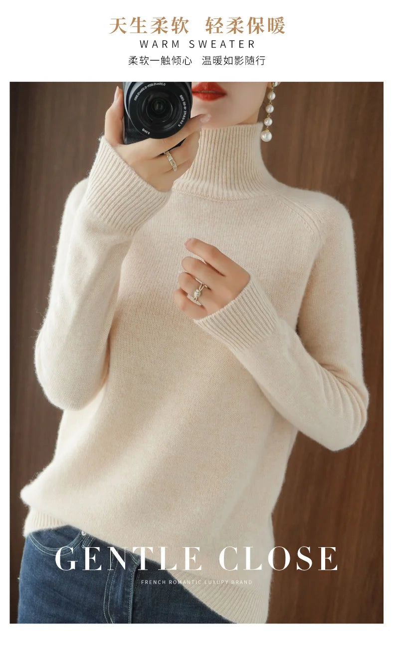 Fashion Basic Autumn Winter Merino Wool Sweater Mock Neck Cashmere Pullover Solid Color Soft Long Sleeve Clothing Tops - Smarsty