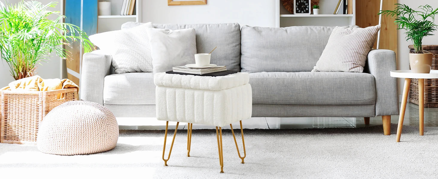 JHK Faux Fur Living Room Hidden Storage Stools & Ottomans Padded Makeup with 4 Metal Legs Anti-Slip Adjustable Feet for Home
