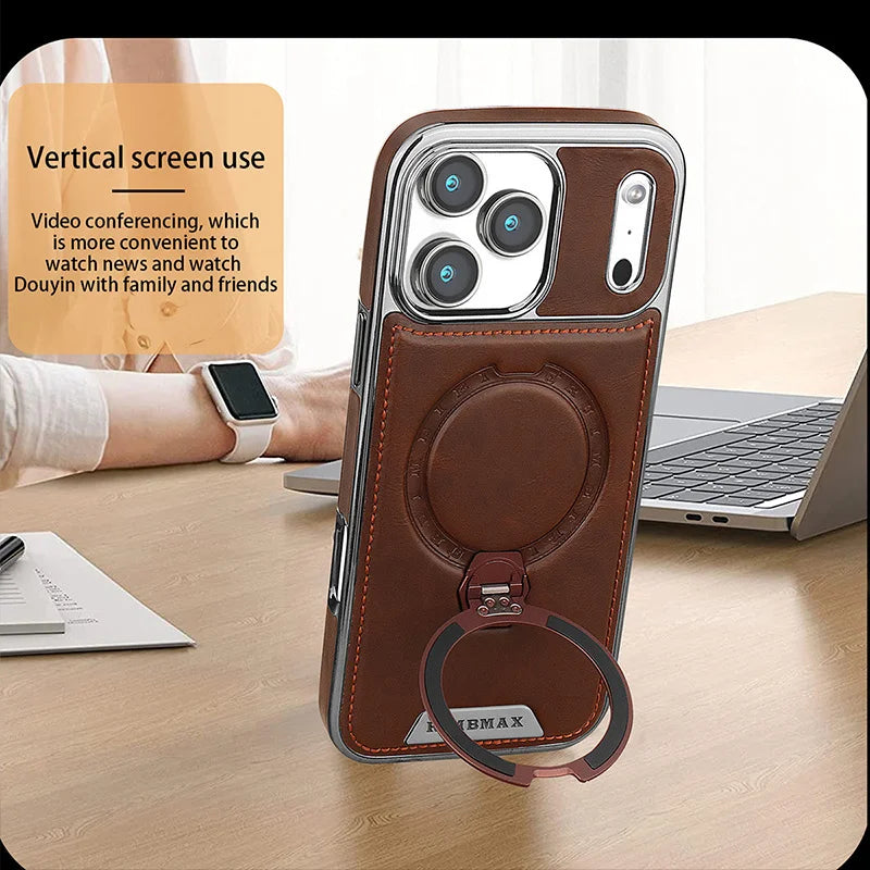 Magnetic Rotat Bracket Luxury Leather Phone Case For iPhone 11 12 13 14 15 16 17 Pro Max Plus Wireless Charging Shockproof Cover