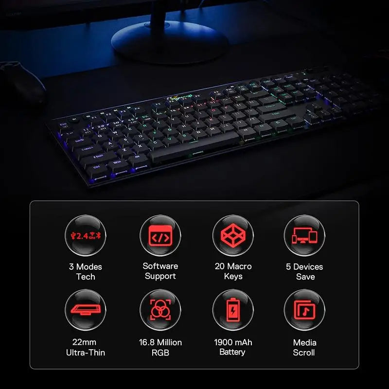 Redragon K618 Horus Wireless RGB Mechanical Keyboard, Bluetooth/2.4Ghz/Wired Tri-Mode Low Profile Gaming Keyboards