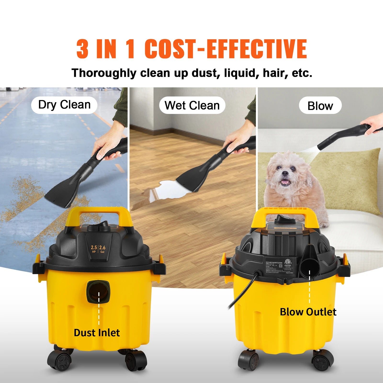 SucceBuy Wet Dry Vac 2.6 Gallon 2.5 Peak HP 3 in 1 Portable Shop Vacuum with Blowing Function Attachment Storage for Floor