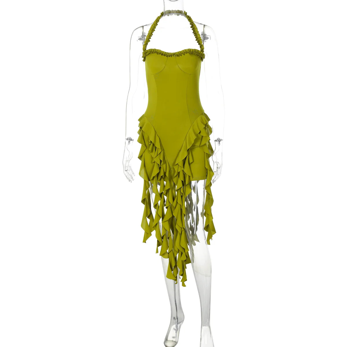 Dulzura Sleeveless Halter Ruffles Patchwork Mini Dress Women’S Solid Sexy Outfit Prom Party Clubwear Autumn Winter Clothes - Smarsty