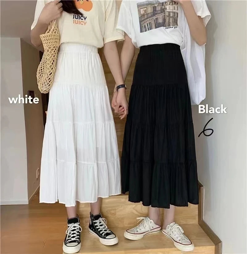 Spring Summer Women Skirts Vintage High Waist Elastic Patchwork White Black Chic Long Cake A-line Skirt - Smarsty