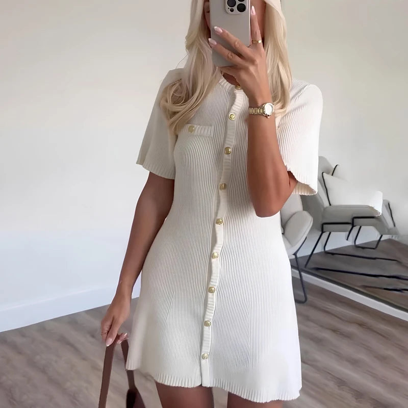 White Elegant Knitted Mini Dress For Women Metal Button Sexy Slim Rib Sweater Dress Holiday Party Outfits Autumn 2024 New - Smarsty