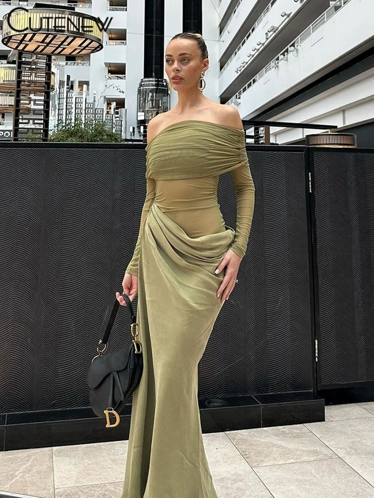 Cutenew Mesh Ruched Women Maxi Dress Sexy See Through Off Shoulder Long Sleeve Sheath Vestidos Female Midnight Party Solid Robe - Smarsty