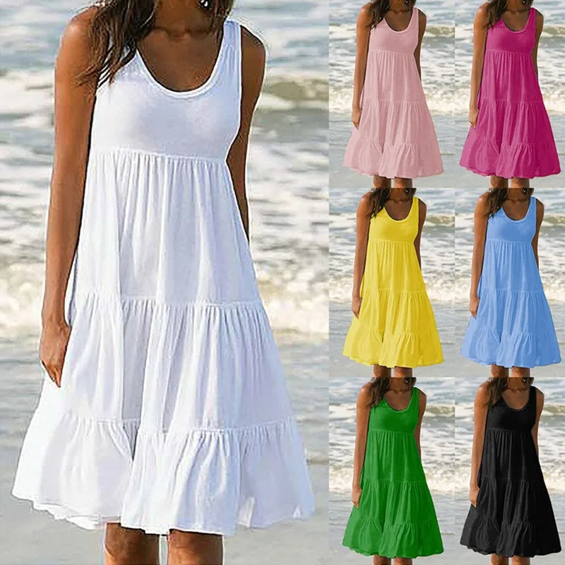 Bohemian Women's Casual O Neck Sleeveless Ruffle Mini Dress Solid Color Beach Tank Top Oversized Loose Dress Plus Size Women3029 - Smarsty
