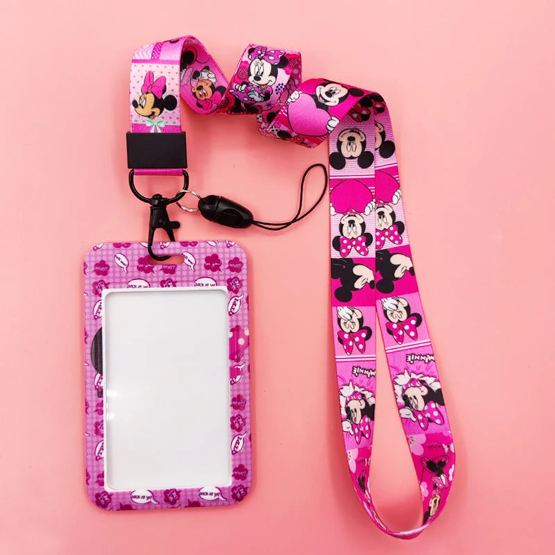 Disney Pink Lanyard ID Badge Holder Mickey Credit Card Case Neck Strap Minnie Card Holders Girl Credentials Accessories Keychain