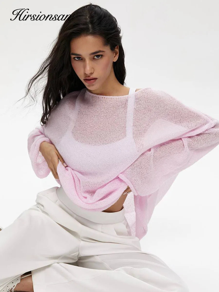 Hirsionsan Elegant Sweater Women 2024 Summer Autumn Casual Fashion Loose Women Pullovers Chic Pink White Jumper Sueter Mujer - Smarsty