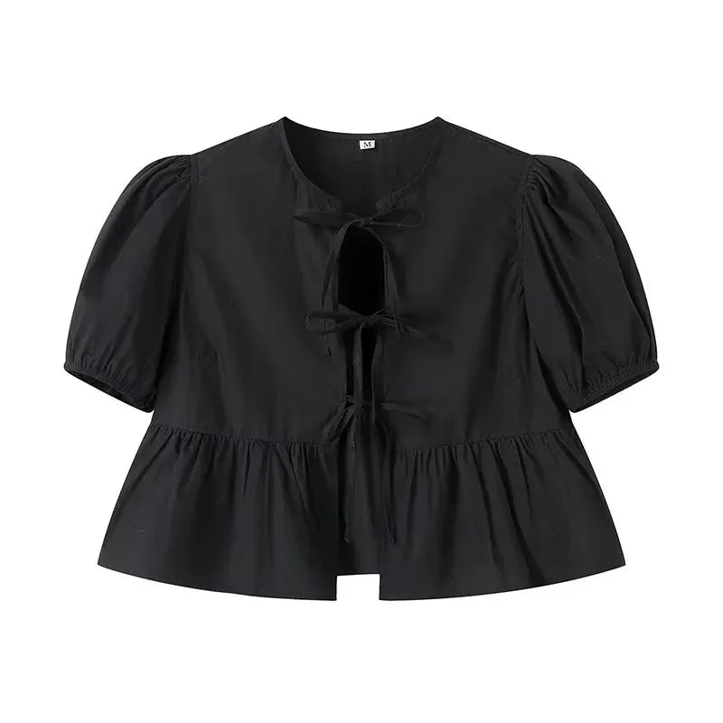 MUJER Ruffle Blouses Woman Puff Sleeve Shirts and Blouses for Women White Black Ruched Crop Top Female Ruched Women's Blouse - Smarsty