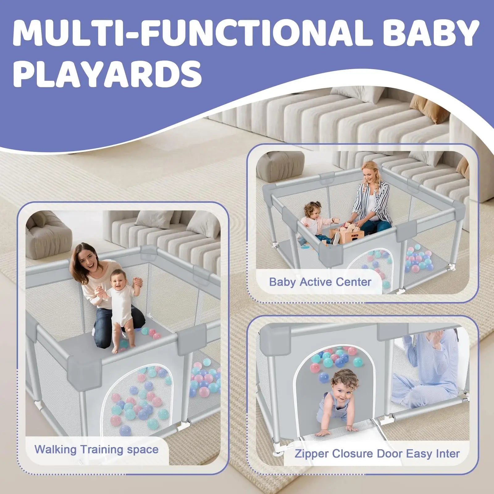 ANGDUO Baby Playpen 50*50 Inch Baby Play Yard With Soft Breathable Mesh Play Fence Infant Playard For Boy And Girls Light Gray