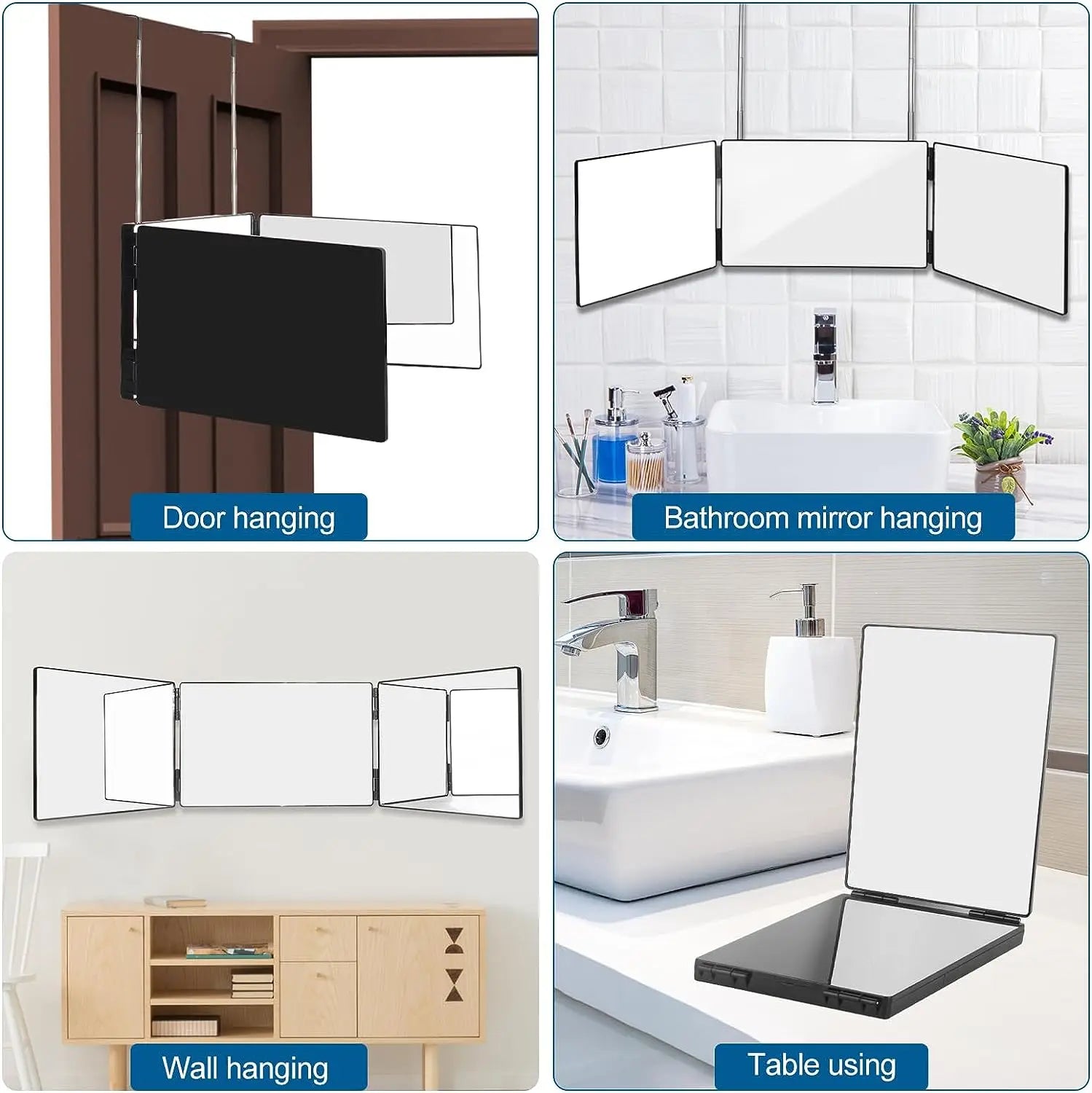 Black Portable 360 Trifold Makeup Mirror with Adjustable Hooks - Smarsty