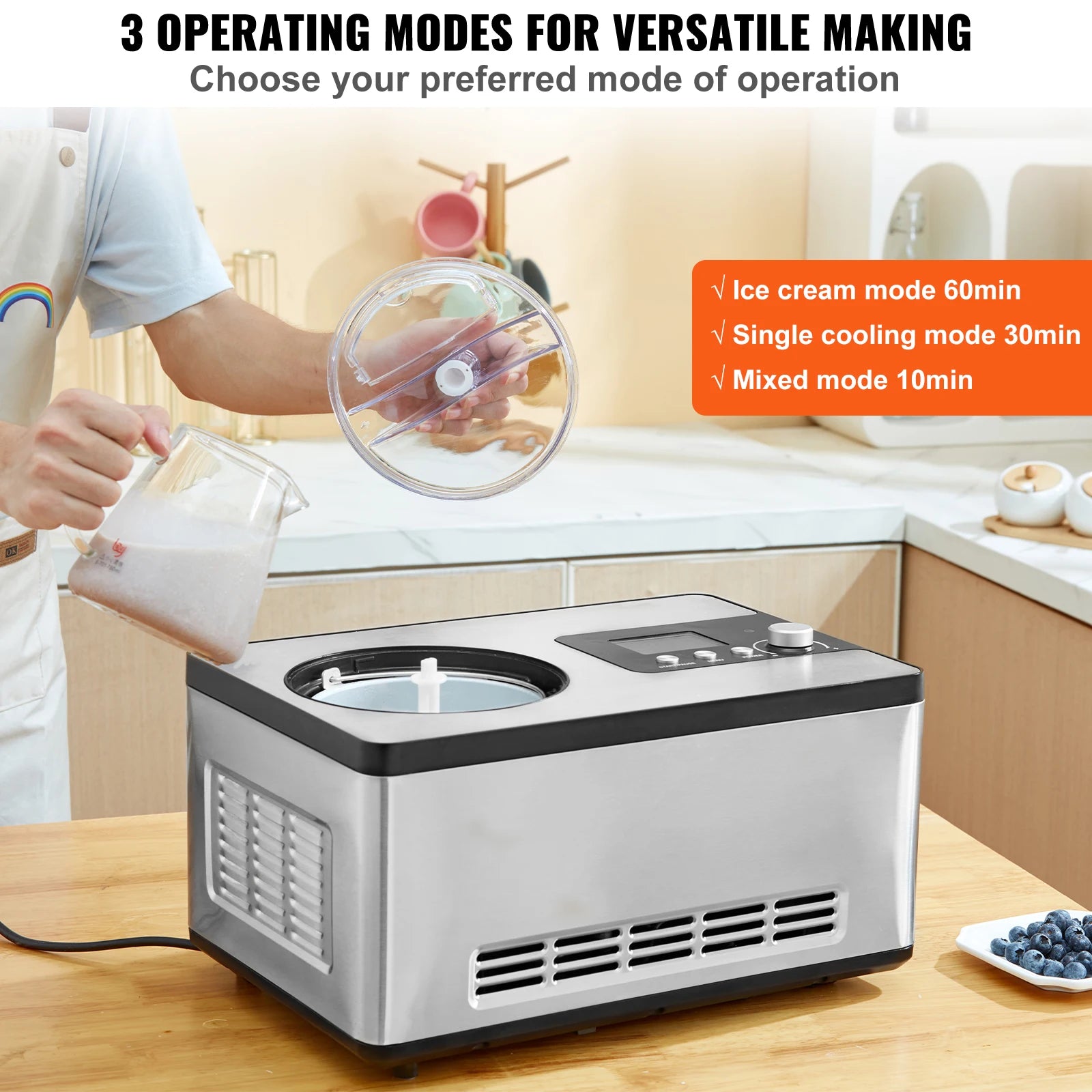 SucceBuy Automatic Ice Cream Maker with Built-in Compressor 2 Quart No Pre-freezing Fruit Yogurt Machine Electric Sorbet Maker