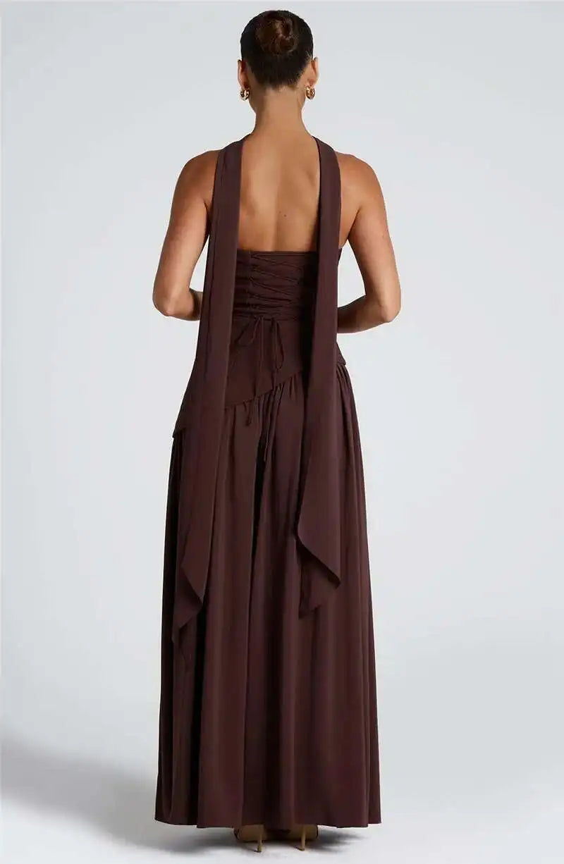 Mozision Strapless Off-shoulder Sexy Maxi Dress For Women Gown Patchwork Scarf Collar Thigh High Split Club Party Long Dress - Smarsty