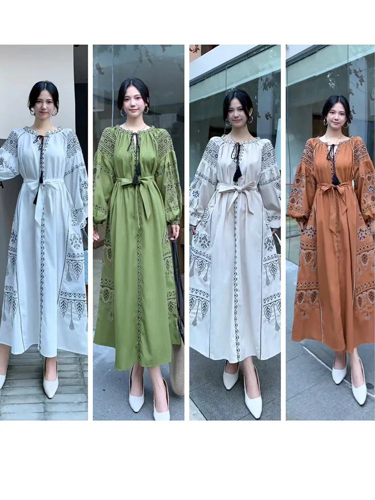 Bohemian Retro Ethnic Style Dress Women's New Spring Autumn Embroidered Lace Up Lantern Sleeves Waist Cinching Long Dress A155 - Smarsty