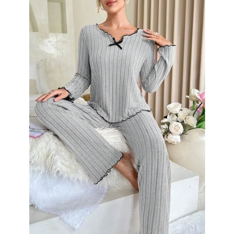 Women Autumn Winter Sleepwear Ribbed Pajamas Set Long Sleeve Top and Long Pants 2 Piece Set Casual Homewear Loungewear - Smarsty