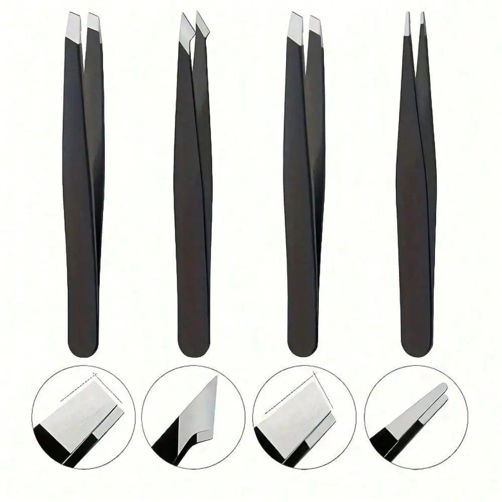 4Pcs Stainless Steel Tweezers - Precision Tool for Eyebrow Shaping, Hair & Beard Removal