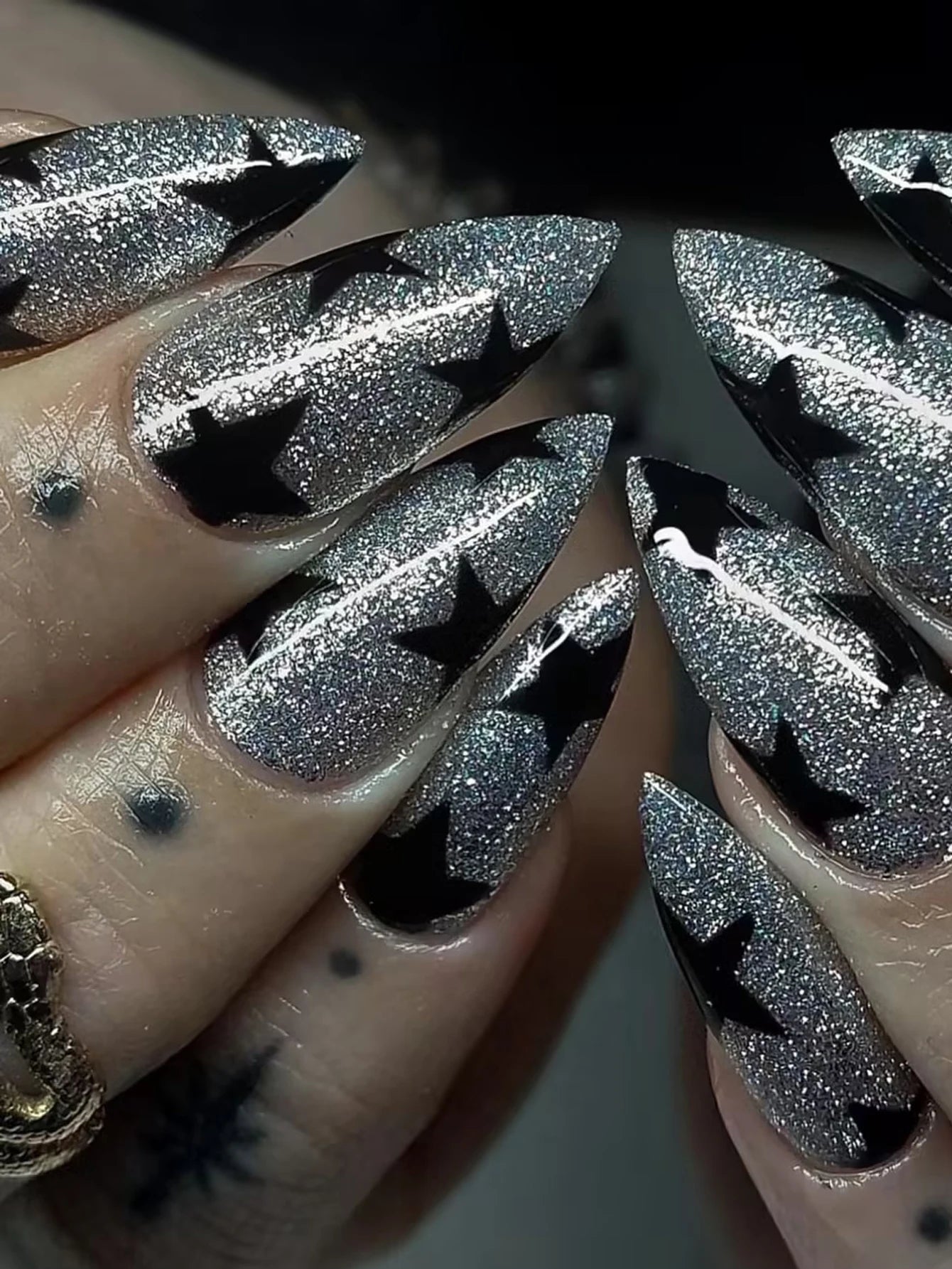 Stiletto Press On Nails Set with Black Silver Bowknot - Smarsty
