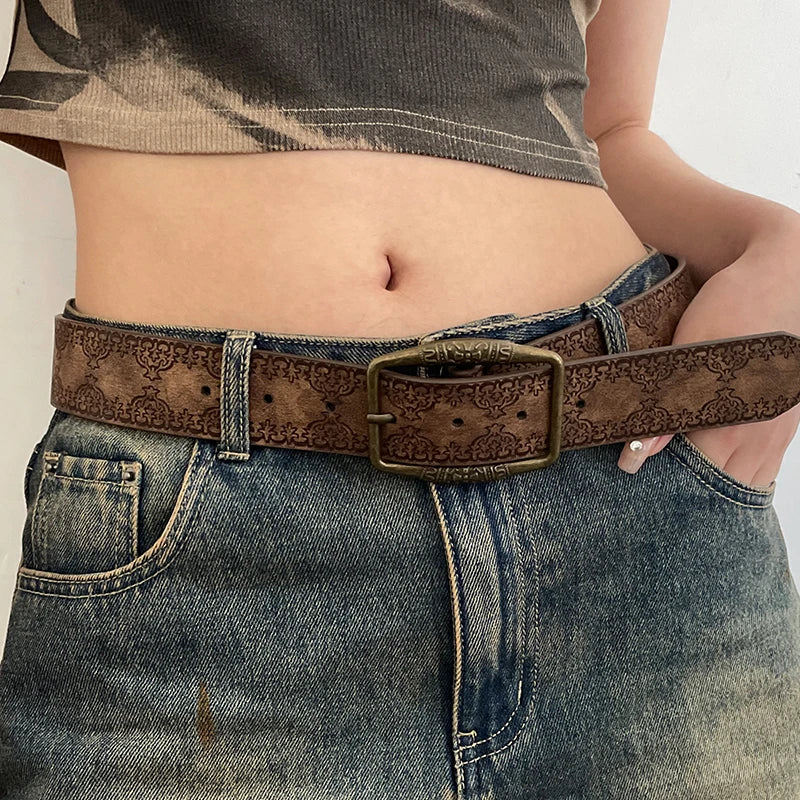 Y2K Retro Women Belt Casual PU Leather Brown - Smarsty
