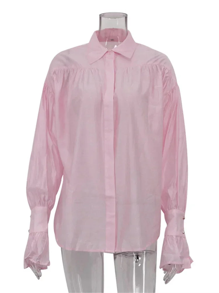 Tossy Casual Loose See-Through Shirts Women's Autumn Lapel Long Sleeve Patchwork Blouse Top Streetwear Female Solid Shirts Top - Smarsty