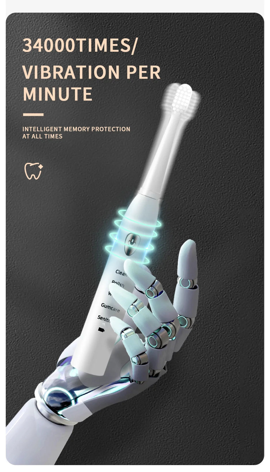 Jianpai Waterproof Acoustic Electric Toothbrush with 5 Gear Modes - Smarsty