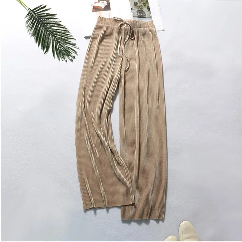 Women Fashion Summer Wide Leg Pants Pleated Ice Silk Trousers Elastic Waist Loose Casual Pants - Smarsty
