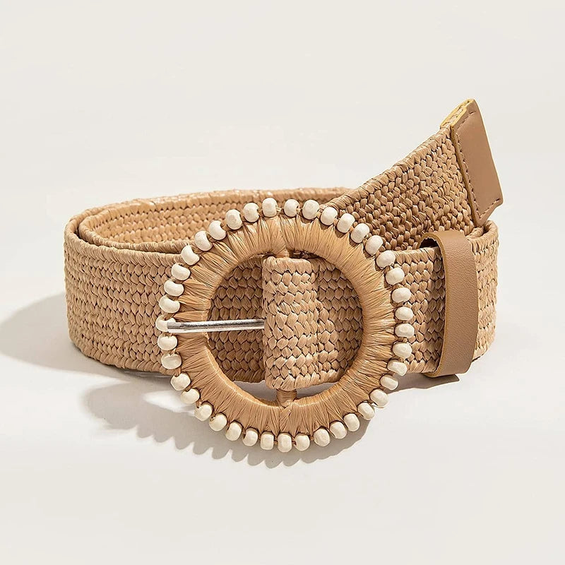 Women Boho Straw Belt with Round Buckle for Beach - Smarsty