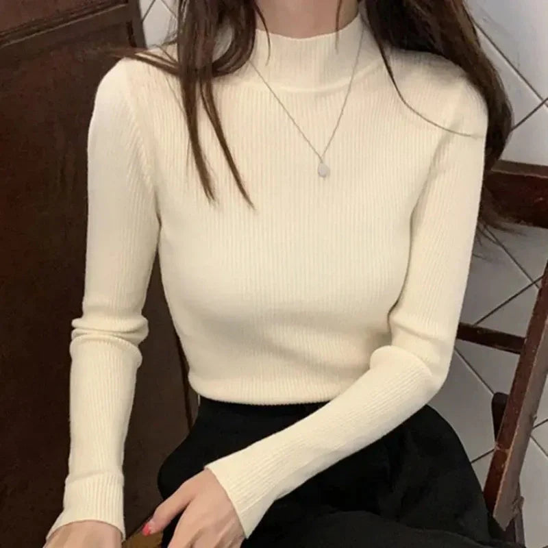 Autumn Winter Mock Neck Women Sweater Vintage Basic Solid Knitted Tops Casual Slim Pullover Korean Sweaters Simple Chic Jumpers - Smarsty