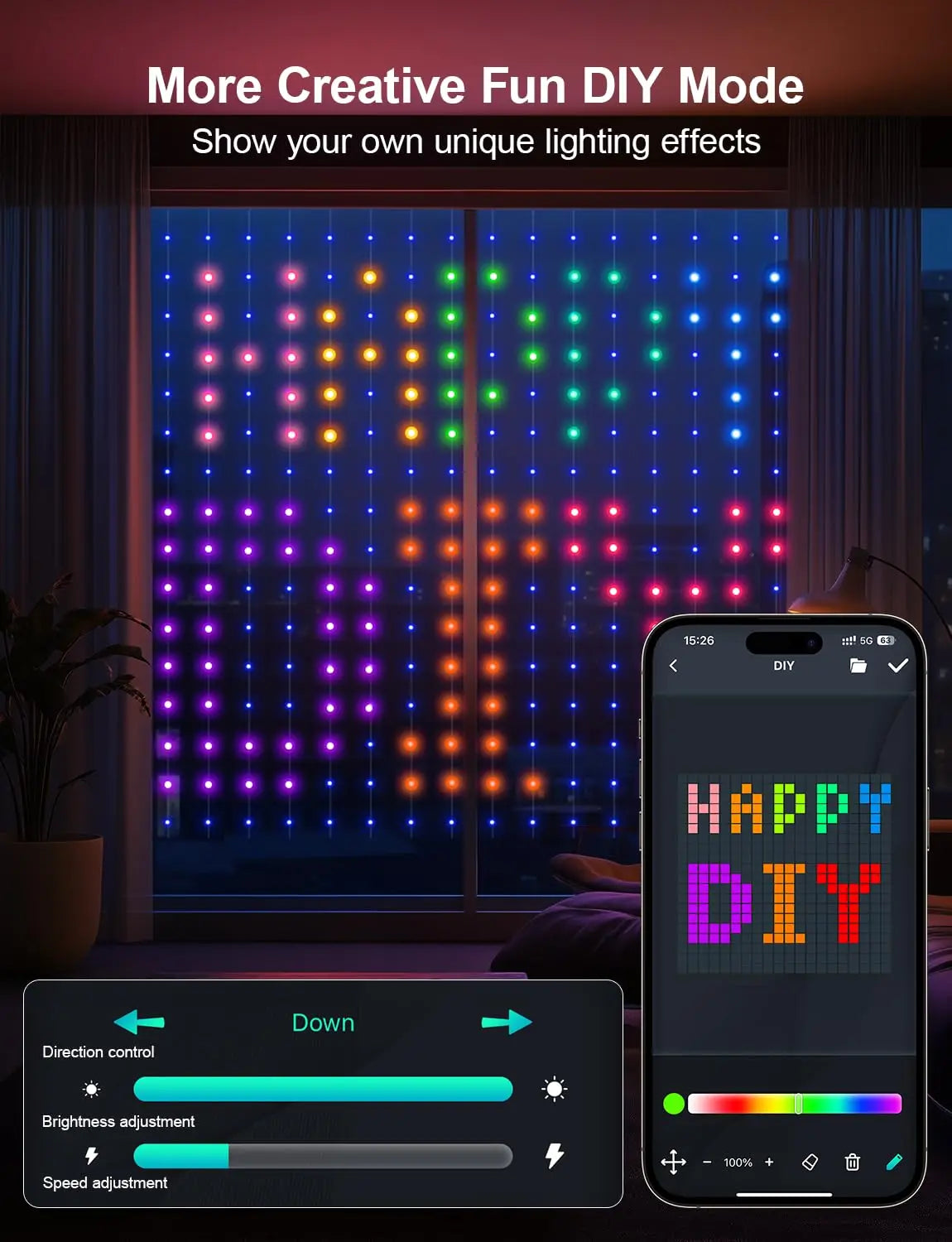 LED Decoration RGB curtain Smart Lights App Controlled String Fairy Lights DIY Pattern and Text Programmable Music Sync Reote