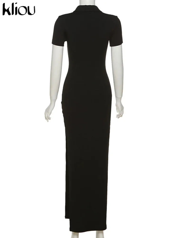 Kliou Elegant Office Lady Maxi Dress Women Solid Fashion Turn-down Collar Short Sleeve Button Side Slit Body-Shaping Street Robe - Smarsty
