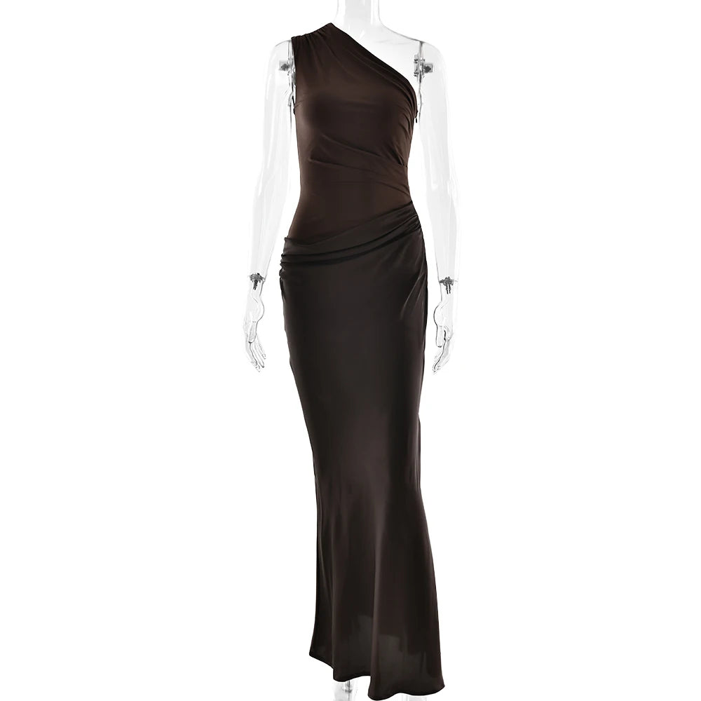 JULISSA MO Patchwork Satin Sexy One Shoulder Women Maxi Dress Brown Sleeveless Evening Dress Summer Slim Elegant Party Clubwear - Smarsty