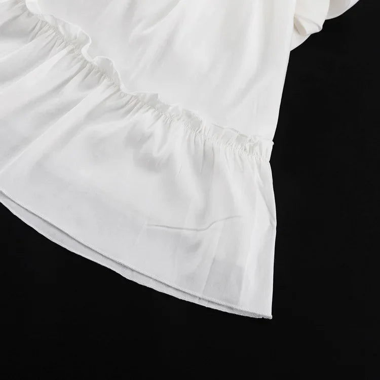 Talenza White Ruffle Bandage Mini Dress Women's Elegant Patchwork Long Sleeve Dress New Slim V Neck Lace Up Summer Mini Dress - Smarsty
