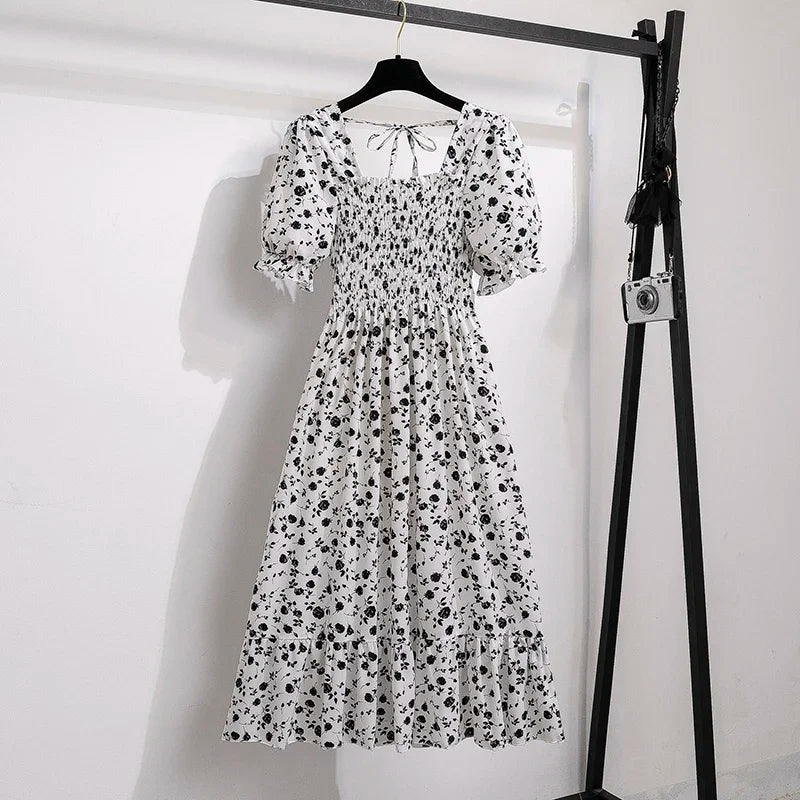 Spring Summer Chiffon Dresses Fashion Female Elastic Waist Short Sleeve Pleated Casual Dress Women A-line Dresses Vestidos - Smarsty