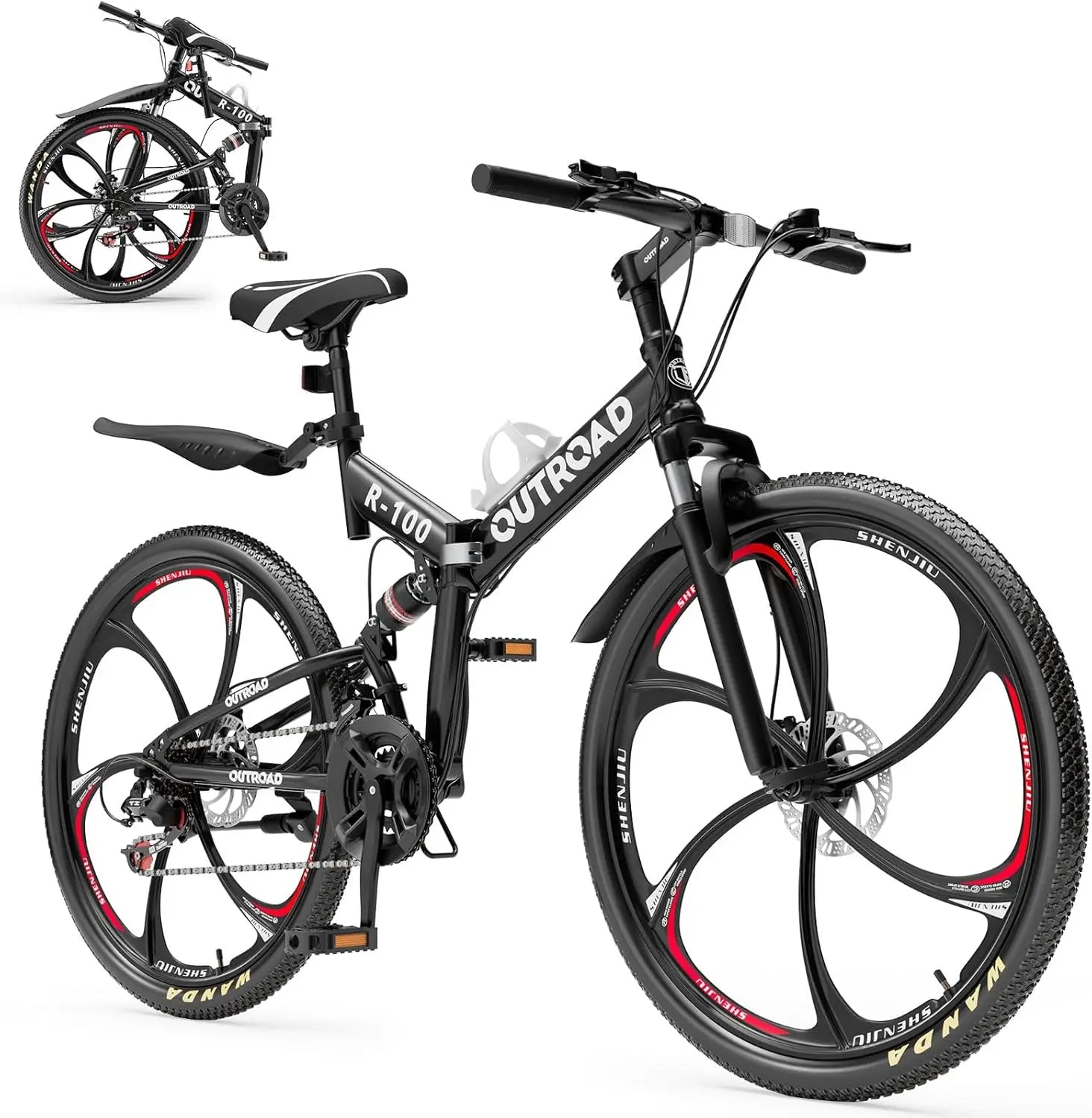 26 inch Folding Mountain Bike, Carbon Steel Frame and 21 Speed, Double Disc Brake and Dual Suspension Folding Bike - Smarsty