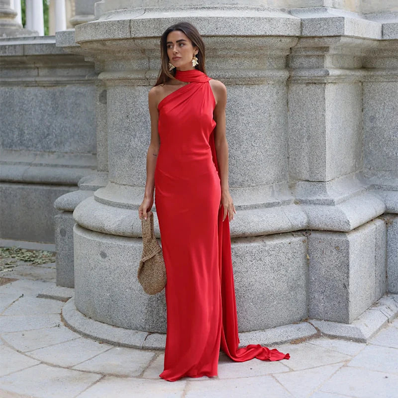 Elegant Women's Ribbon Long Satin Party Dress Halter Backless Sleeveless Female Dresses 2025 Summer Lady Solid Evening Gowns