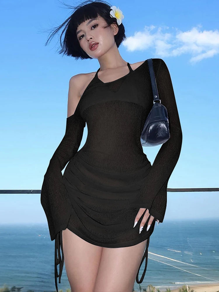 Dulzura Solid Skew Collar Ruched Straps Lace-Up See Through Draw String Mini Dress 2023 Summer Women Party Clubwear Wholesale - Smarsty
