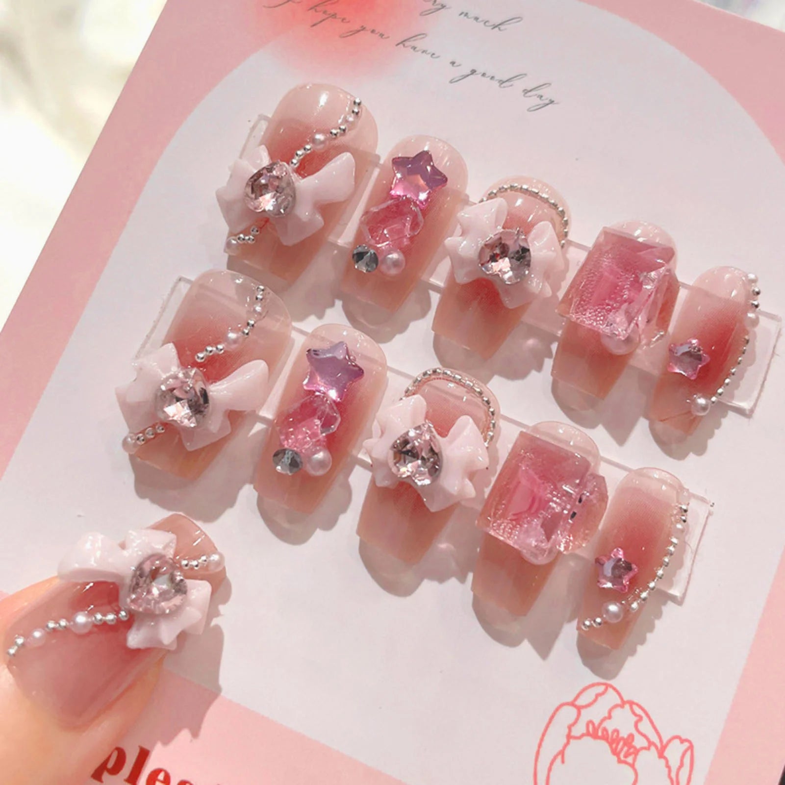 24pcs Pink Crystal Bow Press On Nails for Girls - Smarsty