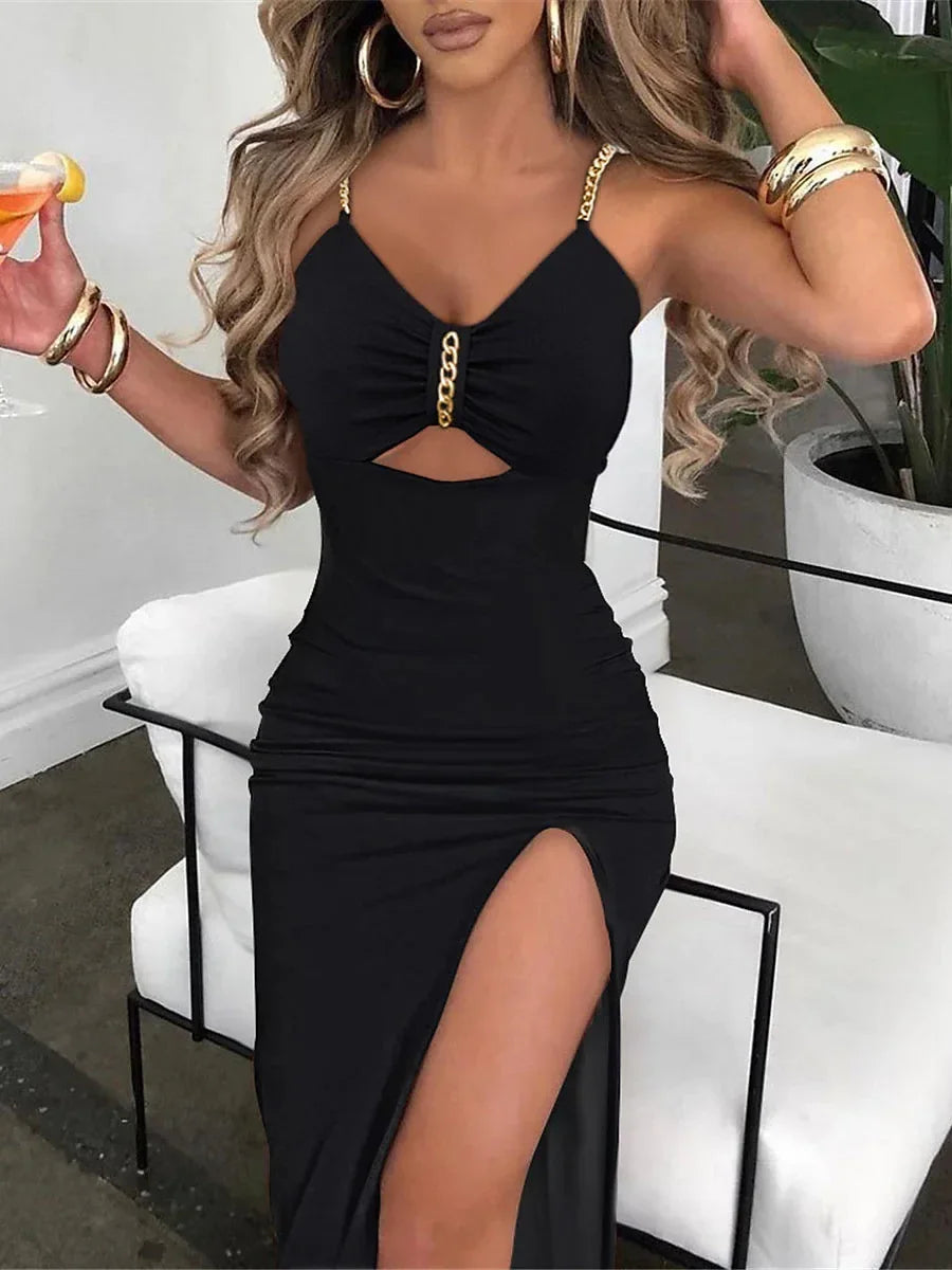 Women Side Split Chain Hollow Sheath Sleeveless V-neck High Waist Sexy Sexy Slim Dress