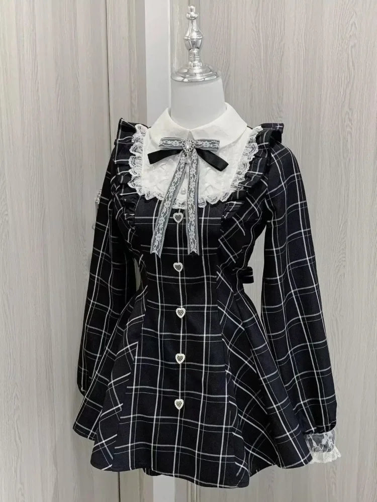 Harajuku Sweet Bow Black Plaid Dresses All-match Slim Fit Kawaii Lolita Dress for Women Autumn New Long Sleeve Vestidos De Mujer - Smarsty