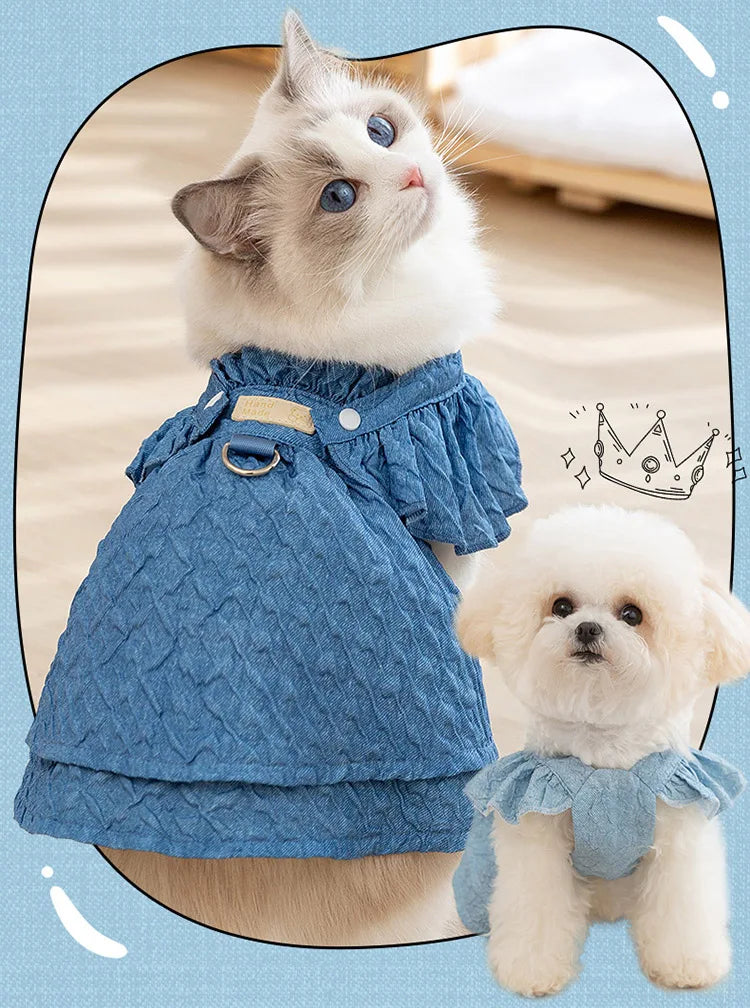 Denim Dog Dress for Small Dogs with Leash Ring - Smarsty