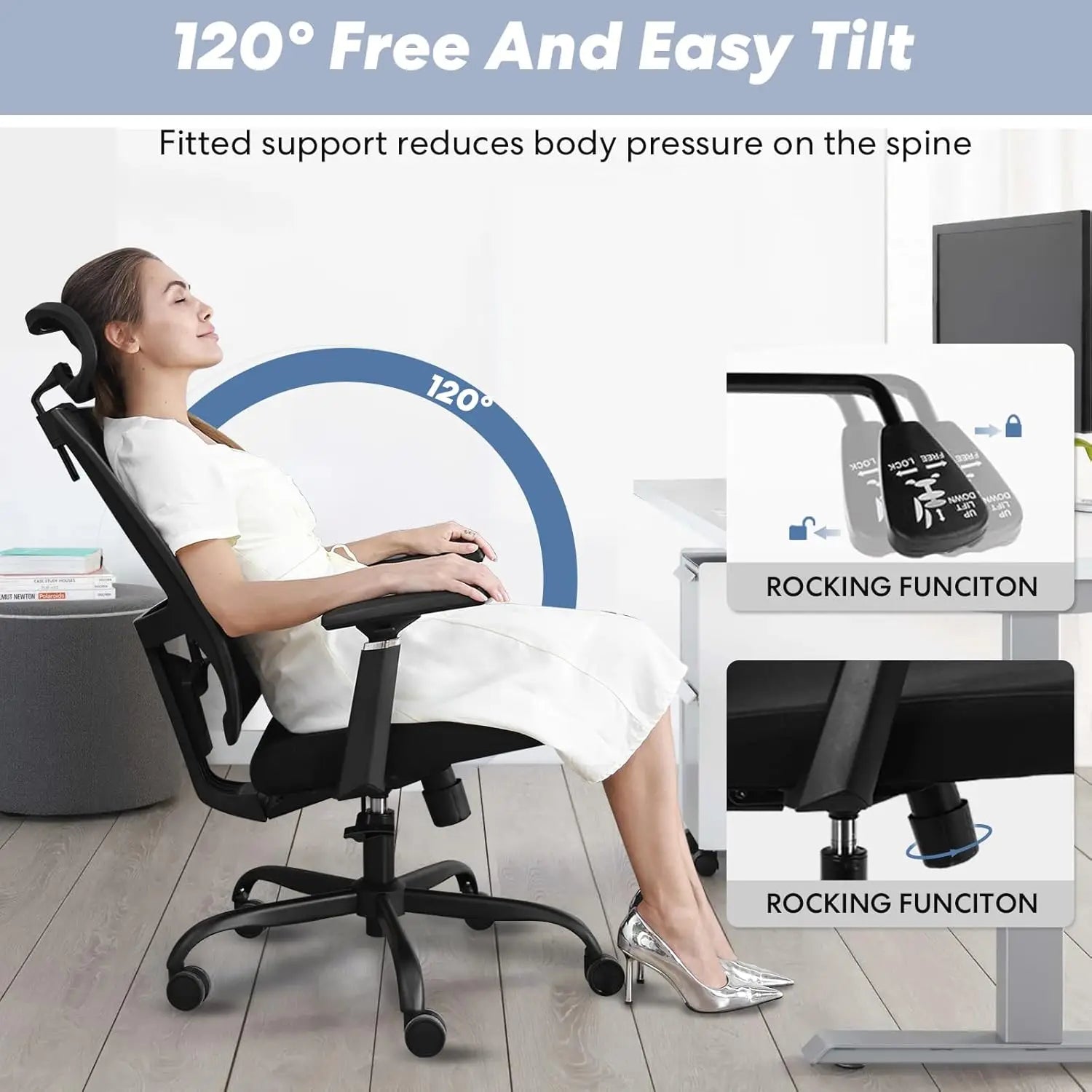 New Ergonomic Mesh Adjustable Lumbar Support Office Chair 120°Tilt High Back Comfortable Computer Chair with Soft Flip Up Arms
