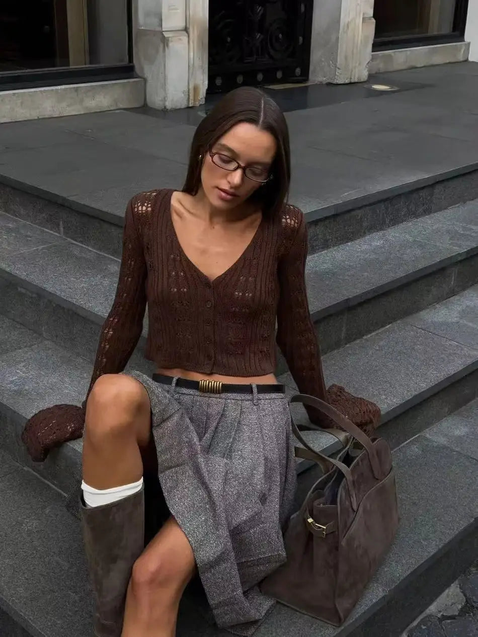 Tossy Knitwear Hollow Out Sweater Cardigan Women V-Neck Long Sleeve See-Through Cropped Top Summer Knit Patchwork Cardigan Top - Smarsty