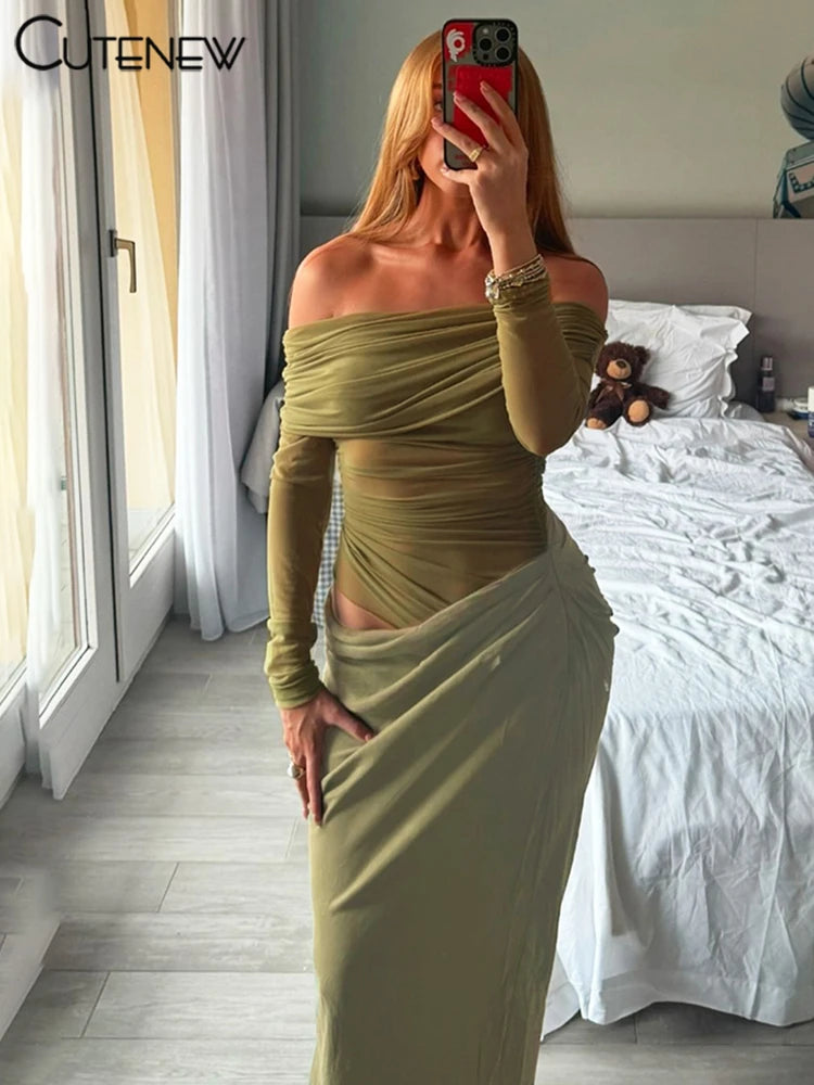 Cutenew Mesh Ruched Women Maxi Dress Sexy See Through Off Shoulder Long Sleeve Sheath Vestidos Female Midnight Party Solid Robe - Smarsty