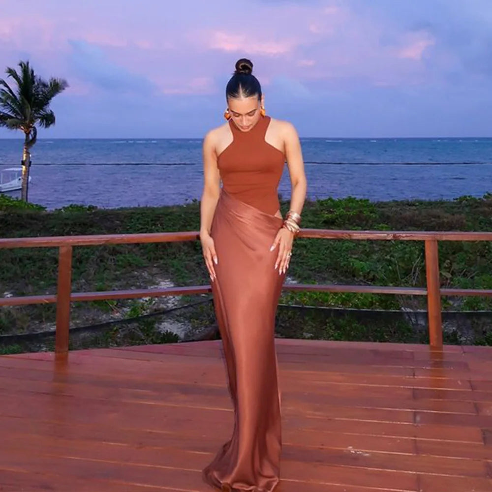 JULISSA MO Satin Sexy Hollow Out Women Maxi Dress Black Sleeveless High Waist Dress Female Autumn Skinny Elegant Party Clubwear - Smarsty